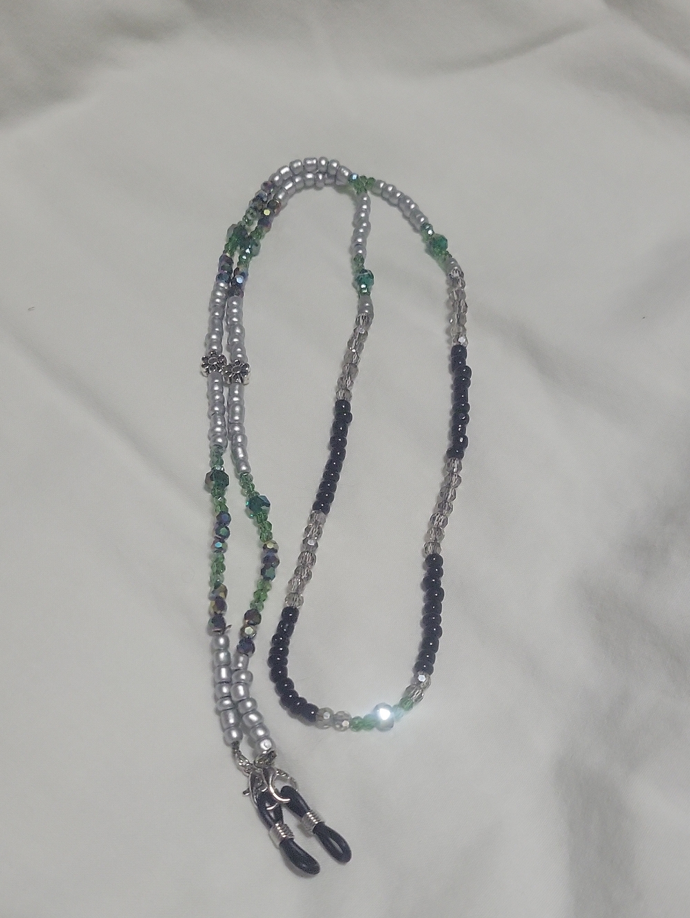 Beaded Eyeglass Necklace in Silver, Green & Black